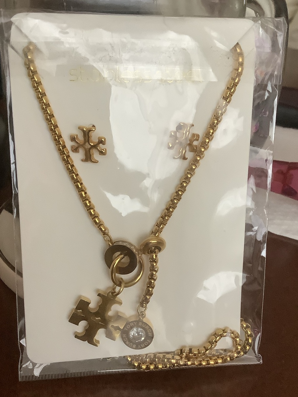Tory Burch Gold Logo Drop Necklace with Crystal Charm and Matching Studs